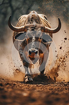 bull in dirt running on a dirt field, in the style of iconic imagery, explosive wildlife, light brown and dark beige