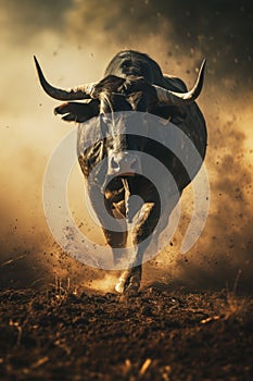 bull in dirt running on a dirt field, in the style of iconic imagery, explosive wildlife, light brown and dark beige