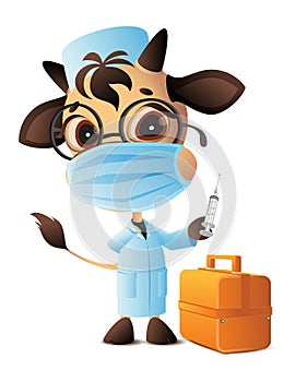 Bull doctor veterinarian syringe vaccinated against coronavirus covid-19. Doctor in robe and mask
