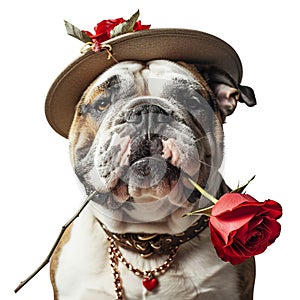 A Bull dog,smiling, happy expression,wearing hat, rose,Valentine\'s day concept, Romantic,on white background, Generated AI