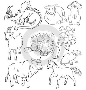 Bull, dragon, goat, horse, rabbit, rat, sheep, snake, tiger