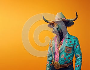Bull dressed in a cowboy outfit. Cattle herder funny background photo