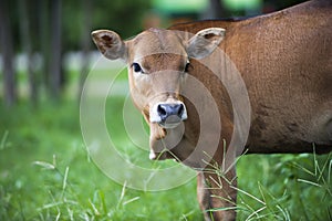 A bull is eating grass