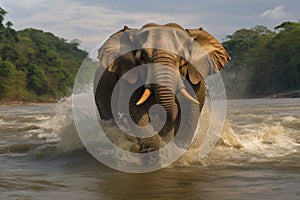 bull elephant charging through a river