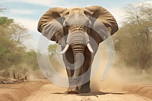bull elephant charging towards camera in african savannah