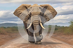 bull elephant charging towards camera in african savannah