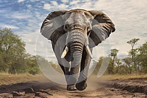 bull elephant charging towards camera in african savannah