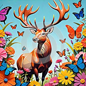 Bull elk antlers flower butterfly magnificent design