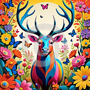 Bull elk antlers graphic color floral sunrise nature scene