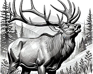 Bull elk bugling line sketch artwork minimal design
