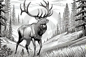 Bull elk wapiti black white monochrome art