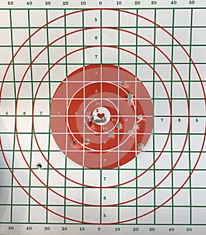 Bull eye target with bullet hole.