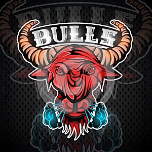 Bull face in profile with steam from the nostrils. Logo for any sport team