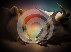 A bull face to face with bear. Concept of the ongoing struggle between buyers and seller in stock trading representing both