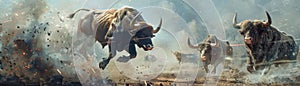 A bull fighter in the financial arena symbolizing the struggle against market volatility bearish trends in the backdrop