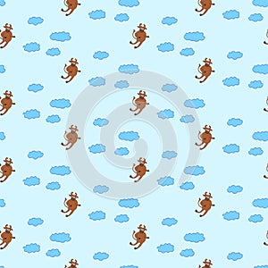 Bull flying in the clouds blue seamless vector pattern background. Trendy textile, stylish fabric, wrapping. Concept holliday