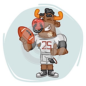 Bull Football Player Holds Ball Shows Thumbs Up and Winks