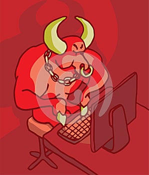 Bull in front of the computer cyber bullying