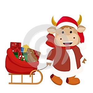 Bull with gifts for children. Symbol of 2021 year. Vector illustration.