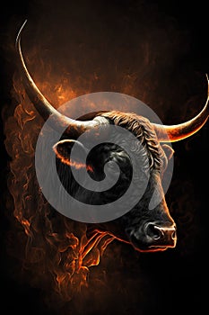 Bull head with big horns on a black background with fire effect.