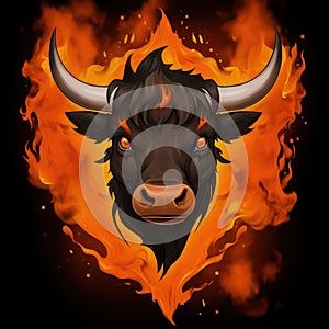Bull head with fire flames on a black background.