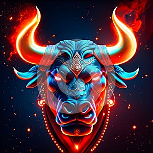 Bull head with fire flames on dark background. Vector illustration for your design Generative AI