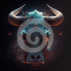 Bull head with fire and smoke on a black background. 3d rendering photo
