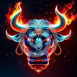Bull head with horns and fire flames on dark background. Vector illustration Generative AI