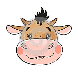 Bull head with horns, flat cartoon design. Cute baby cow, farm animal, funny wild animal face. Vector illustration isolated on