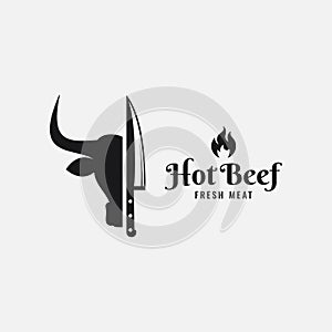 Bull head with knife logo. Beef logo on white