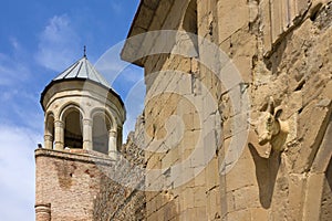 Bull head sculpture on the building of Svetitskhoveli Cathedral church, Georgia.