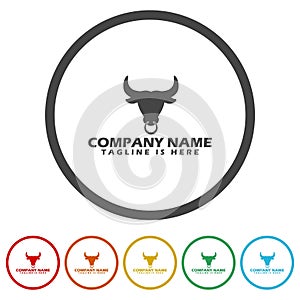 Bull head silhouette logo design template. Set icons in color circle buttons