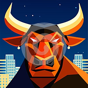 Bull head vector illustration. Bull head on the background of the city. generative AI