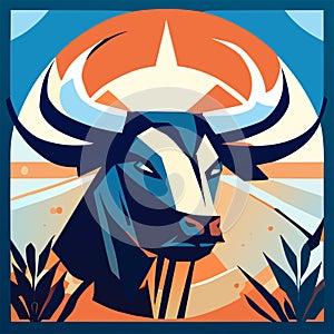 Bull head. Vector illustration of a bull head on a background of nature. Generative AI