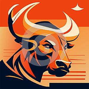 Bull head vector illustration in flat style on sunset background. Vector illustration. AI generated