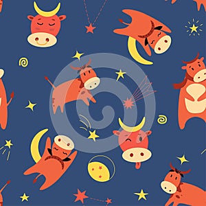 Bull horns moon flat vector seamless pattern