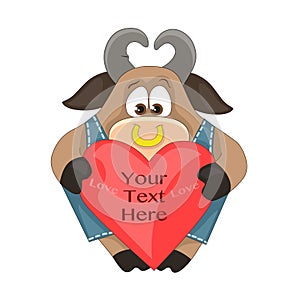 A bull in love holds his heart. Valentine`s day card. Funny character. Children`s toy. Vector.