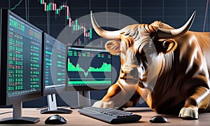 Bull made up of metallic material doing trading on the computer bitcoin divergence