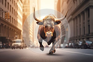 Bull market, a brown bull powerfully runs through a wide street of New York