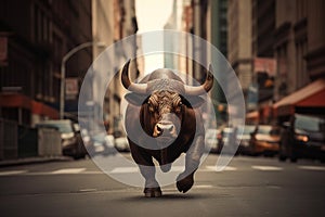 Bull market, a brown bull powerfully runs through a wide street of New York