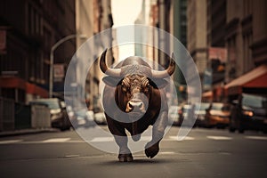 Bull market, a brown bull powerfully runs through a wide street of New York photo