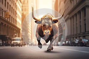 Bull market, a brown bull powerfully runs through a wide street of New York photo