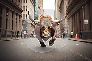 Bull market, a brown bull powerfully runs through a wide street of New York photo