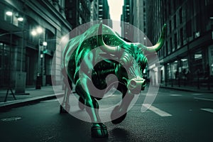 Bull market, a green bull powerfully runs through a wide street of New York