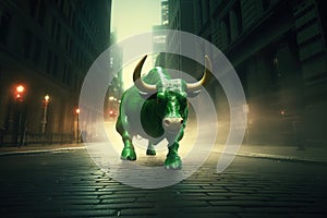 Bull market, a green bull powerfully runs through a wide street of New York