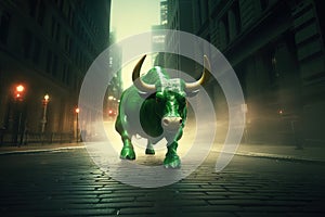 Bull market, a green bull powerfully runs through a wide street of New York photo