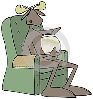 Bull moose sitting in a chair eating snacks