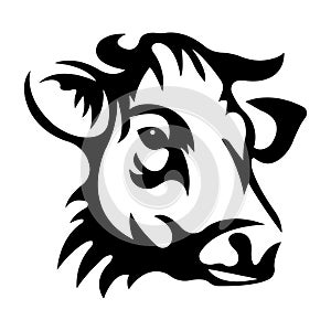 Bull muzzle in black color, flat style. Design suitable for tattoos, minimalism, decor, paintings, website designs, cow logo