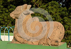 A bull -nandhi- sculpture in the Grand aged dam of Kallanai constructed by king karikala chola with granite stone.