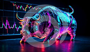 A bull neon colors statue is surrounded by a stock market charts. Bullish stock market symbol photo